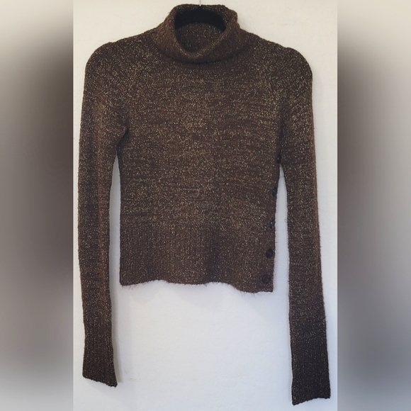 Y2K Takeout Brown Silver Metallic Turtleneck Sweater - Picture 1 of 4